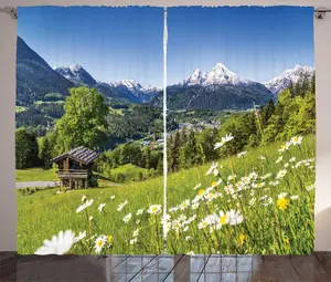 Шторы ABAKUHAUS Alpine Rustic, Mountain Valley Log Cabin, универсальные ленточные шторы для гостиной с петлями и крючками, 280 x 225 см, желто-зелено-голубые Abakuhaus