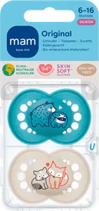 Оригинальная силиконовая соска синяя/бежевая 6-16 месяцев 2 шт. MAM