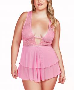 Комплект нижнего белья большого размера: кружевная пеньюар с глубоким вырезом и трусики (2 предмета) Hauty, Pink