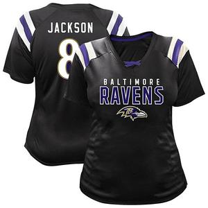 Женская футболка Baltimore Ravens с именем и номером Lamar Jackson, черная, plus size, реглан, кружевной V-образный вырез Fanatics