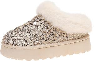 Женские ботинки с пайетками, зимние блестящие слиперы, ботинки с пушистым искусственным мехом, теплые платформенные мини-ботильоны на платформе Generic, Gold