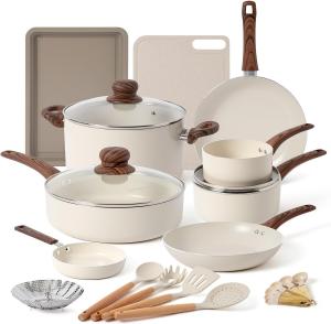 Набор посуды ONGIFT с антипригарным покрытием, 23 предмета, кремовый/коричневый
