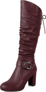 Женские сандалии Zamikoo, свободные ботильоны до колена с круглым носком, массивным каблуком, боковой молнией и металлической пряжкой, высокие повседневные сапоги на каблуке 3,5 дюйма, Burgundy