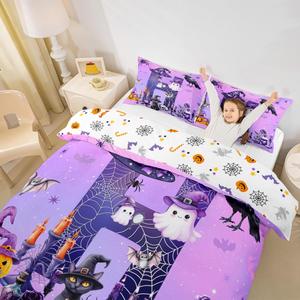 Erosebridal Комплект постельного белья H с принтом Хэллоуин: привидения, черепа, тыквы, летучие мыши и галактика в фиолетовых тонах, Purple H