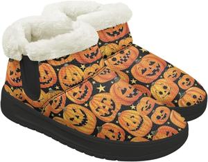 Женские мини-сапоги на платформе, зимние ботинки до щиколотки с уютной меховой стелькой, легкая подошва с антискользящим эффектом Chririnla, Pumpkin Face Print