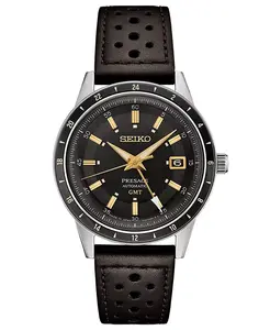 Мужские автоматические часы Presage GMT с коричневым перфорированным кожаным ремешком, 41 мм Seiko