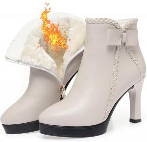 Женские ботильоны с острым носком, массивным каблуком, бантом и застежкой-молнией сбоку, модные кожаные, с удобной меховой подкладкой, низкий каблук-блок, короткие повседневные зимние ботинки с каблуком kitten для платья ZUYIYIA, Apricot Warm-3.54In