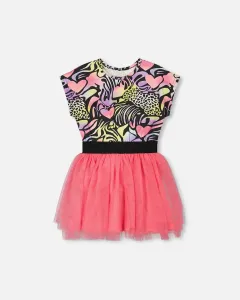 Платье из двух материалов, черное с многоцветным принтом Deux Par Deux