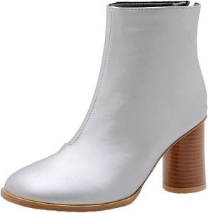 Женские ботильоны VOKLIN с круглым носком, массивным каблуком и застежкой-молнией сзади, из кожи, в западном стиле, элегантные короткие ботинки, Silver-Velvet Lined