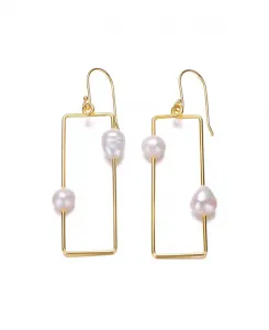 Серьги-Подвески геометрической формы из стерлингового серебра 14 карат с покрытием из золота и натурального пресноводного жемчуга Genevive, gold