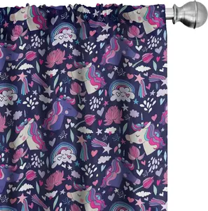 Шторы для детского сада ABAKUHAUS, Единороги, падающие звезды, облака, воображение, сердце, любовь, забавный мультфильм, 2 шт., 75 x 225 см, цвет: розовый, синий, фиолетовый, индиго