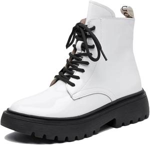 Женские ботинки Niiyyjj из натуральной кожи, глянцевые кожаные ботильоны, шнуровка, молния, мотоботинки, White Fleece