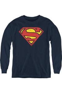 Футболка с длинным рукавом для подростков "Superman" с эффектом поношенности и щитом Gildan, темно-синий