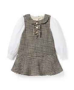 Детское твидовое платье в клетку «гусиная лапка» с заниженной талией - для малышек, детей постарше. Janie And Jack, бежевый