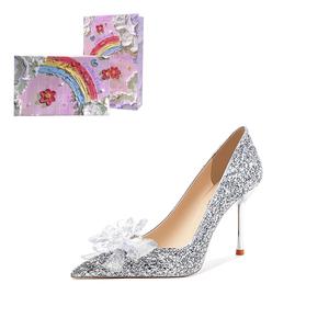 Crelinkxlat Серебряные лодочки на шпильке, женские, высота каблука 6 см, цвет [Oil Painting Box]Silver 6CM