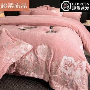 LUOLAI HOME Комплект постельного белья, 4 предмета, 180 см, простыня на резинке, велюр, цвет light bean paste