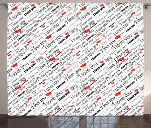 Штора ABAKUHAUS Я люблю тебя в деревенском стиле, романтические слова и сердца, присборенная штора из тесьмы для спальни с петлями и крючками, 280 x 225 см, красный, белый, черный Abakuhaus