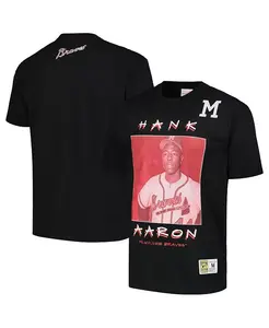 Мужская футболка Hank Aaron Black Milwaukee Braves из коллекции Cooperstown, премиальная тяжелая, с винтажным логотипом игрока Mitchell & Ness