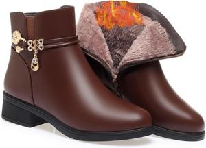 Женские зимние ботильоны на платформе с утеплителем, кожаные, с боковой молнией, украшенные сверкающими стразами, полностью на меху, утепленные снежные ботинки Kldyj, Brown1