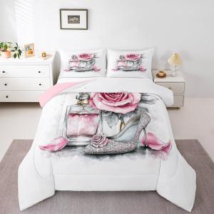 Erosebridal Розовый цветочный комплект постельного белья в стиле модной эстетики с романтичными розами и парфюмерной тематикой, 3 предмета, Silver Pink White