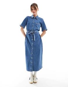 Платье миди из денима ONLY с завязкой на талии, средне-синего цвета