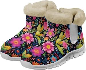Женские зимние ботинки с цветочным узором, с пушистой подкладкой и противоскользящей подошвой, теплые и мягкие фланелевые уличные ботинки для женщин, размер US 6-12 Fuxowvby, Flower Print