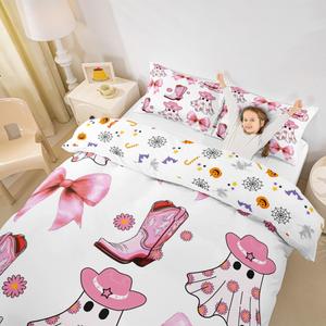 Erosebridal Комплект постельного белья Halloween Ghost Bow с розовым принтом в стиле вестерн для девочек, 3 предмета, White Pink