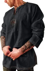 Мужская зимняя повседневная дорожная футболка 2026 года из хлопка и льна без капюшона с завязками и длинными рукавами, Schwarz