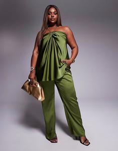 Прямые атласные брюки Curve цвета хаки Asos Design