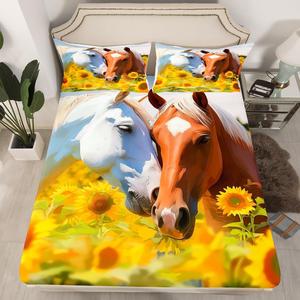 Erosebridal Комплект постельного белья Horse в стиле вестерн с желтыми подсолнухами и ковбойским принтом, мягкий материал, Multi 01