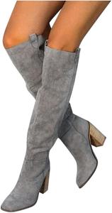 Женские сапоги ZBYY зимние с высокими голенищами выше колена, модные сапоги для верховой езды с каблуком, из замши, удобные, с широкой голенью и устойчивым каблуком, 10.5 Grey