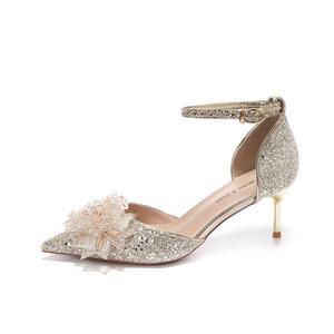 QITUMAUL Тонкие каблуки на шпильке 8,5 см женские шампань [Высота каблука 6,5 см], цвет Champagne[Heel Height 6.5cm]