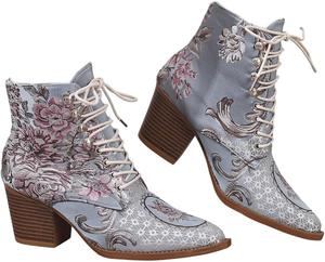 Женские ботильоны с заостренным носком, с цветочной вышивкой, на массивном каблуке, ковбойские ботинки, шнуровка, короткие ботильоны Generic, Light Bule