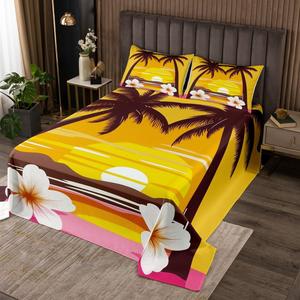 Erosebridal Комплект постельного белья Hawaii Beach с тропическим принтом пальм и цветов гибискуса в морском стиле, Yellow Black Pink