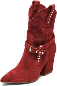 Женские казаки XYD с заостренным носком до середины икры, массивным каблуком, металлическими пряжками, заклепками и ремешком на щиколотке, стильные ботильоны для мероприятий, Red