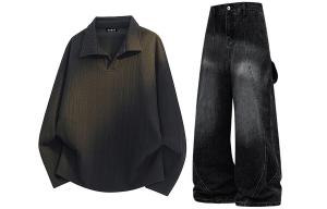 Повседневная спортивная одежда Unisex с лацканом Lapel Moderate X1617, черный top+черный pants