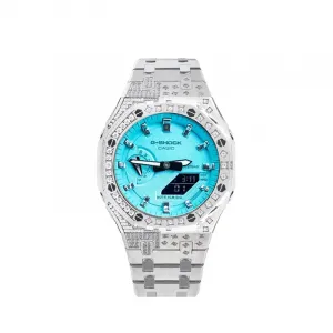 Часы Casio G-Shock Analog-Digital 2100 Series, арт. GA-2100-1A, серебристый/звездный алмаз цвета Tiffany Blue