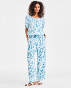 Женские брюки из хлопковой марли с принтом Style & Co, Leaves Blue