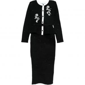 Платье миди с вязаным узором и цветочной отделкой Self-portrait, черный