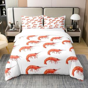 Erosebridal Комплект постельного белья Shrimp из 100% хлопка с морским принтом в красных тонах, White Red