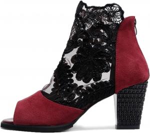 UPGENT Женская мода больших размеров Черные ботильоны с вышивкой, с открытым носком, на толстом каблуке, с молнией, туфли-сандалии, повседневная обувь для женщин