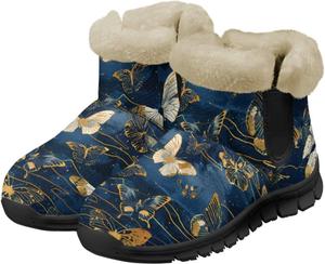 Женские теплые зимние ботинки UNICEU Fuzzy с искусственным мехом, для улицы, удобные, на мягкой подошве, короткие ботильоны на молнии, Butterfly Print