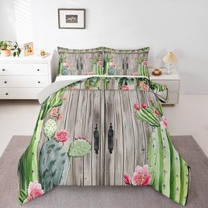 Erosebridal Комплект постельного белья Rustic Barn Door в деревенском стиле с тропическими растениями и кактусами, Green Pink Red Grey