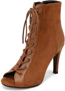 Женские танцевальные ботильоны JXUZY Jazz с открытым носком, кружевными шнурками и высоким каблуком типа «стилет» Generic, D961-Zippered-Brown