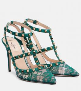 Туфли-лодочки Rockstud 100 из замши со шнуровкой Valentino Garavani, Marine-emerald/Antique Green