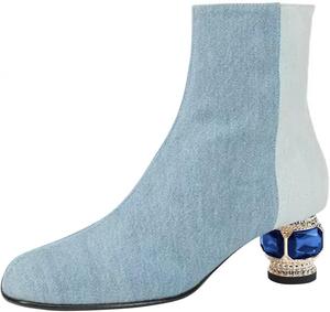 Женские ботильоны FSJ с круглым носком, камнями, невысоким каблуком, модные, с боковой молнией, повседневные, для выпускного, туристические, размеры 37-44, Blue Denim Patchwork
