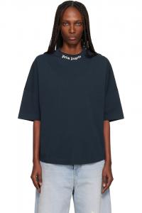 Palm Angels Футболка с изогнутым воротником и логотипом темно-синего цвета