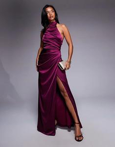 TFNC Petite атласное платье макси с высоким воротом вишневого цвета