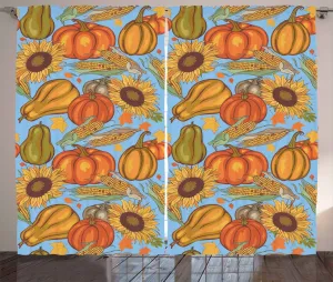 Штора для спальни ABAKUHAUS "Сельскохозяйственный урожай", рисунок с изображением фермерских овощей, с присборенной лентой, петлями и крючками, 280 x 175 см, цвет: оранжево-желтый, светло-голубой Abakuhaus