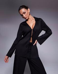 Черная рубашка River Island с плиссировкой и завязкой спереди